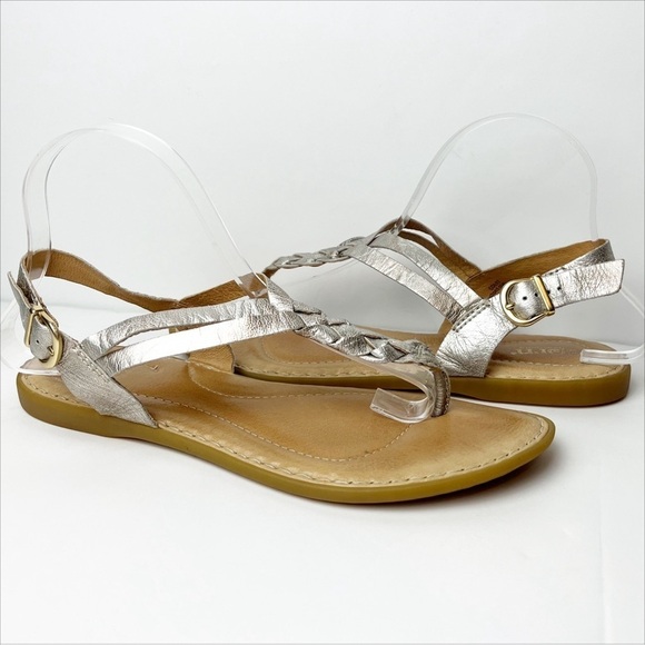 Born Lake Sandals 9M metallic leather braided flat buckle boho neutral strappy - Picture 12 of 12